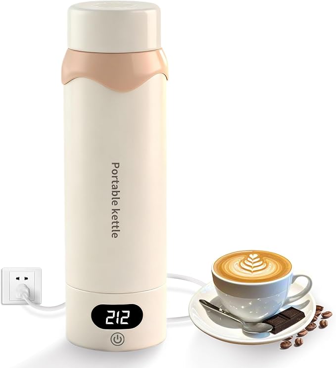 Insulated Stainless Steel Electric Kettle Small, Smart Water Bottle with 4 Temperature Control, Leak-Proof, Mini Travel Essentials Portable Office Gifts for Tea Lovers, Cream