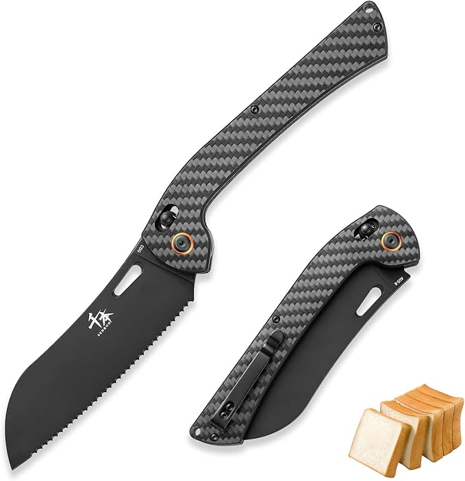 SENBON foldable knife, AUS-8 stainless steel with black titanium plating, carbon fiber handle with back clip，bread knife