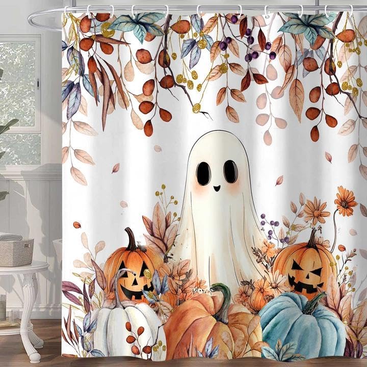 Fall Funny Ghost Shower Curtain, Halloween Pumpkins Harvest Autumn Leaves Decor Bath Curtain, Maple Leaves Spooky Bathroom Accessories Set with Hooks, 72X84in