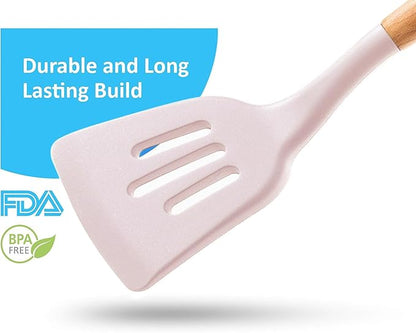 Silicone Cooking Utensils Set 6 Piece – Heat Resistant up to 480°F, BPA Free & Non-Scratch Kitchen Tools with Natural Wood Handles, White