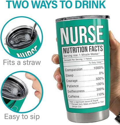 SANDJEST Nurse Tumbler Cup - Nutritional Facts Travel Coffee Mug Gift - 20oz Tumblers Nurse Gifts for Birthday, Christmas, Appreciation Week, Nursing School Graduation for Nurses, Practitioners