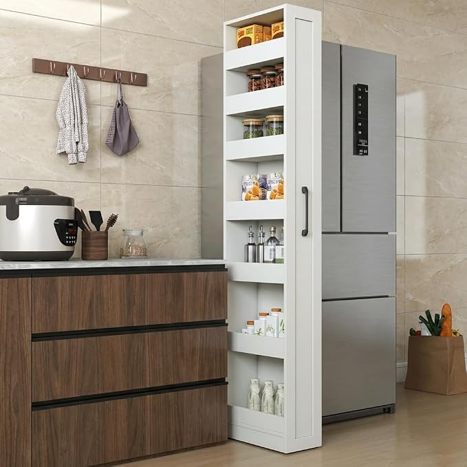 Slim Rolling Storage Cart, 7-Tier Pull-Out Spice Rack with Handle & Wheels, Narrow Kitchen Organizer for Next to Fridge, Pantry, Laundry Room, 7.87 Inch Wide Space Saver (White, Hidden Wheels)