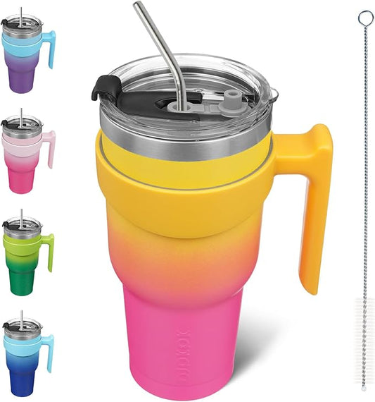 BJPKPK 40 oz Tumbler With Handle Stainless Steel Insulated Tumbler With Lid And Straw Travel Coffee Cups For Women And Men,Pink Yellow Rose