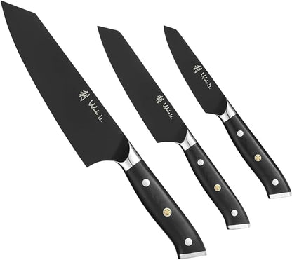 Wakoli Titanium Noir Kitchen Knife Set – 3-Piece Professional Kiritsuke Chef Knife Set | 5Cr15MoV Stainless Steel Blades with Black Titanium Coating | Ergonomic G10 Handles | Wooden Gift Box