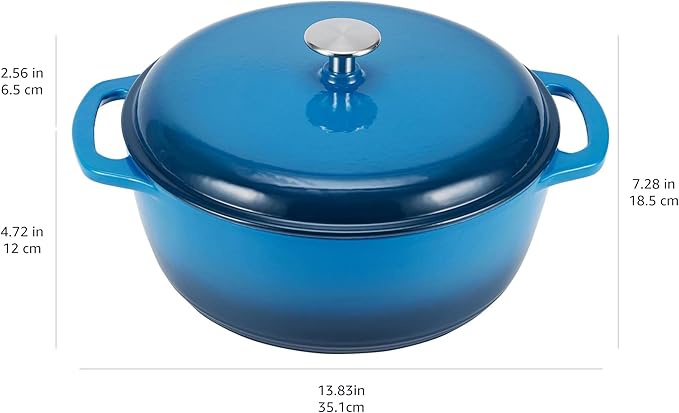 Amazon Basics Enameled Cast Iron Dutch Oven Pot with Lid, Round, Dual Handles, Heavy-Duty, Oven Safe for Stews, Roasting, Baking, 6-Quart, Blue