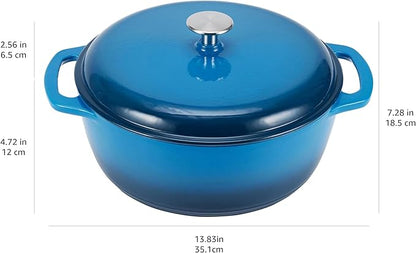 Amazon Basics Enameled Cast Iron Dutch Oven Pot with Lid, Round, Dual Handles, Heavy-Duty, Oven Safe for Stews, Roasting, Baking, 6-Quart, Blue