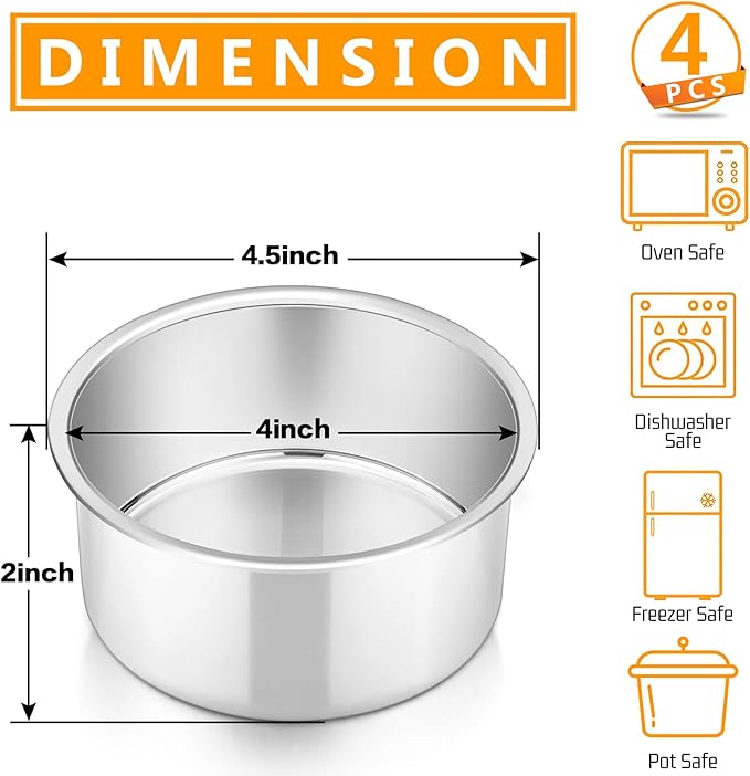 P&P CHEF 4 Inch Cake Pan Set of 4, Stainless Steel Baking Round Cake Pans Tins Bakeware for Birthday Wedding, Leak-proof & Easy Clean, Mirror Finish & Easy Releasing