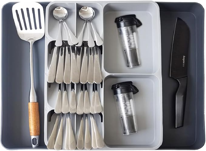 Silverware Organizer, Expandable Cutlery Drawer Organizer Utensil Tray for Home and Kitchen, Upgrade Adjustable Plastic Storage Flatware Holder for Forks, Spoons and Knives Large Grey