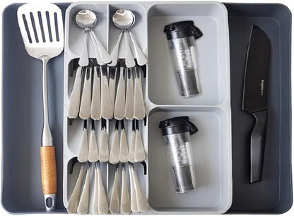 Silverware Organizer, Expandable Cutlery Drawer Organizer Utensil Tray for Home and Kitchen, Upgrade Adjustable Plastic Storage Flatware Holder for Forks, Spoons and Knives Large Grey