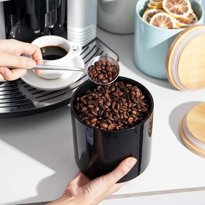 Sweejar Kitchen Canisters Ceramic Food Storage Jar, Stackable Containers with Airtight Seal Wooden Lid for Serving Coffee Bean, Flour, Tea, Spice and More - 39 Fl Oz (Black)