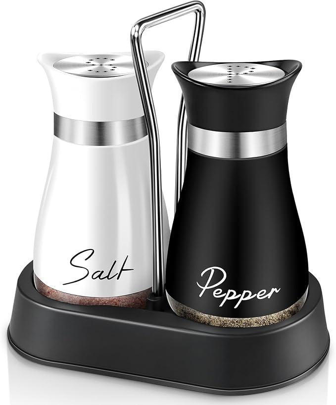 Salt and Pepper Shakers Set, 4 oz Stainless Steel Salt Shaker, Farmhouse Salt Pepper Shaker Containers with Glass Bottom for Kitchen Gadgets Cooking Table, BBQ, Bar, RV, Camp (Black&White)