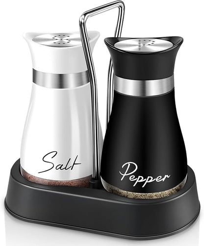 Salt and Pepper Shakers Set, 4 oz Stainless Steel Salt Shaker, Farmhouse Salt Pepper Shaker Containers with Glass Bottom for Kitchen Gadgets Cooking Table, BBQ, Bar, RV, Camp (Black&White)