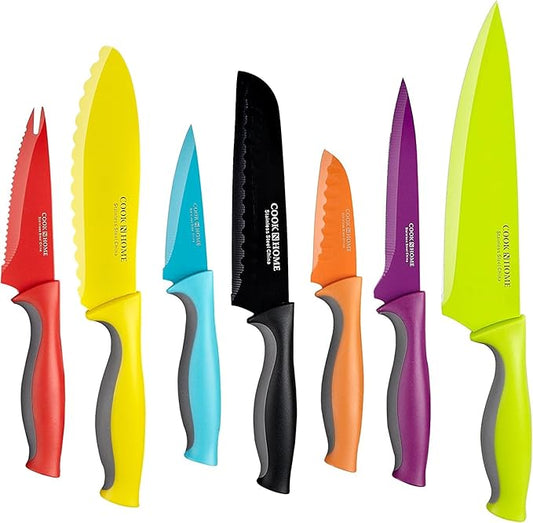 Cook N Home Basics Cutlery Kitchen Knife Set, Coated Carbon Stainless Steel Knife Set with Sheaths, Non-stick Sharp Blades, Multicolor, 14-Piece with Ergonomic Handles