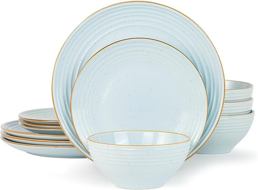 Famiware Jupiter 12-Piece Stoneware Dinnerware Set, Handcrafted Plates and Bowls with Speckles & Embossed Swirls, Chip/Scratch Resistant, Microwave/Dishwasher Safe, Modern Dishes, Service for 4, Blue