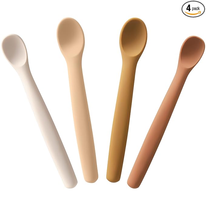 Moonkie Silicone Baby Spoons Set of 4, Toddler Spoons for Self Feeding 6 Months, Two Sizes Feeding Spoons for First Stage 4+ Months, Baby Utensils, Bendable, Chewproof & Boil-proof (Without Case)