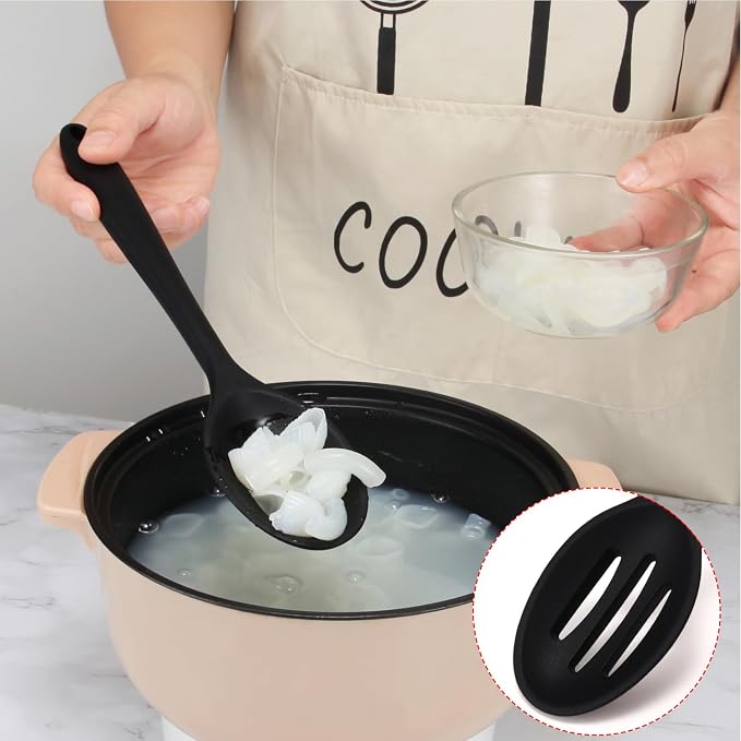 Linwnil 4 Pieces Silicone Slotted Spoons,10.6 Inch Nonstick Mixing Serving Spoons for Kitchen Cooking Bake Stir Draining Tool (2, Black)