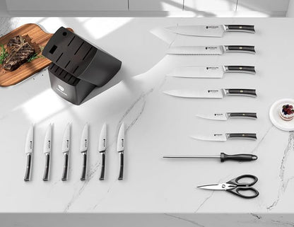 BRODARK 15 PCS Knife Set with Block,Pakkawood Handle Kitchen Knife Set | Ultra Sharp Chef Knife set with sharpener, High Carbon Stainless Steel, Non-Slip Grip for Cooking, Gift Box for Dad Father