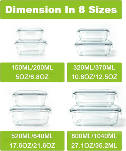 Glass Food Storage Containers with Airtight Lids, 12/8 Piece Set, Leak Proof Bento Boxes, Includes Measuring Spoons (8, GREY)