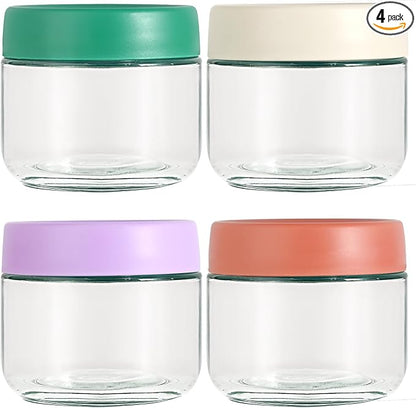 Hoa Kinh Glass Food Storage Jars with Lids, 10oz 4Pack Leak Proof Small Glass Jars for Overnight Oats, Cereal, Clear Empty Glass Jars with Lids for Kitchen(Red, Green, Purple and White)