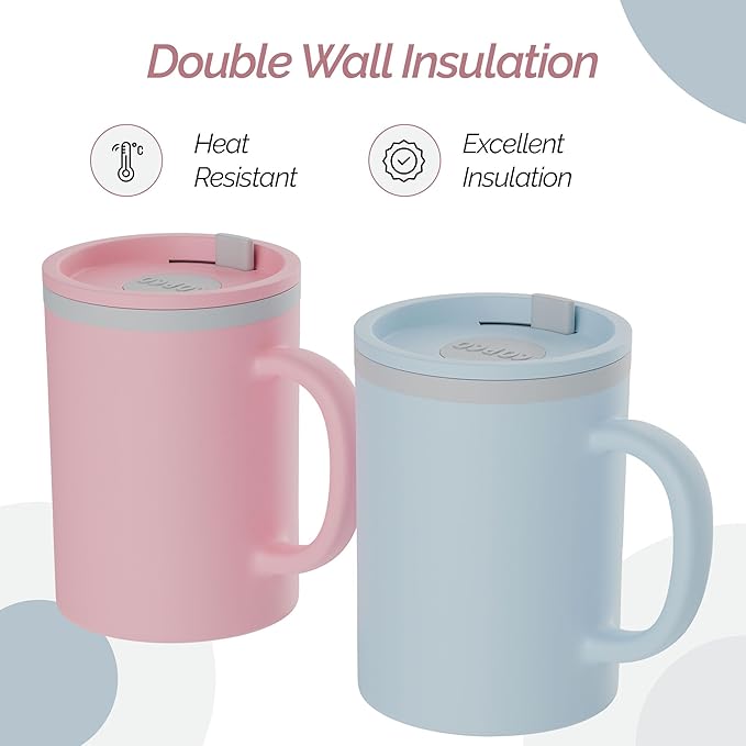 Copco Iconic 16oz Double Wall Insulated Desk Mug with Lid and Handle, Set of 2, BPA-Free Reusable Plastic, Spill-Resistant, Microwave & Dishwasher Safe, Wide Mouth (Light Blue/Pink)