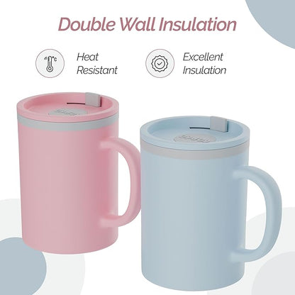 Copco Iconic 16oz Double Wall Insulated Desk Mug with Lid and Handle, Set of 2, BPA-Free Reusable Plastic, Spill-Resistant, Microwave & Dishwasher Safe, Wide Mouth (Light Blue/Pink)