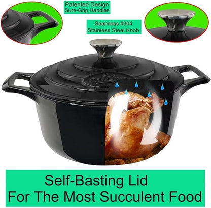 La Cuisine Enameled Cast Iron Dutch Oven Casserole Dish Pot with Lid 5 QT 10 Inches Dia. Matt Black Enamel Coating Interior, Glossy Black Exterior, Oven-Safe, Induction Cooktop Compatible
