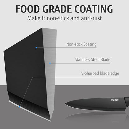 hecef 15PCS Black Knife Block Set with Built-in Sharpener – Non-Stick Coating Blades & Ergonomic Handle for Effortless Cutting & Slicing