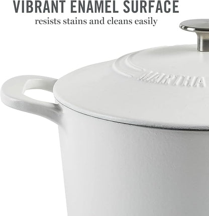 MARTHA STEWART Gatwick 7-Quart Enamel Cast Iron Dutch Oven Pot with Lid – Matte White – Durable Heavy-Duty Dutch Oven for Slow Cooking, Braising & Baking