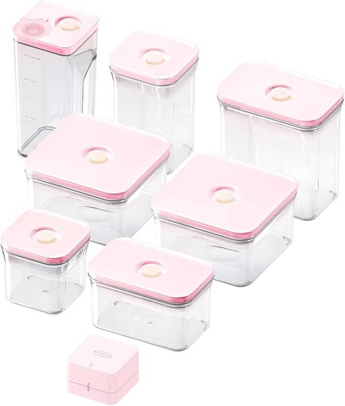VAKUEN Premium Airtight Food Storage Containers ROSE 8P/SET, 6pcs Container, 1pcs Water Pitcher and Vacuum Sealer. Patented Double Silicone Lining, 100% Leak Proof, BPA-FREE