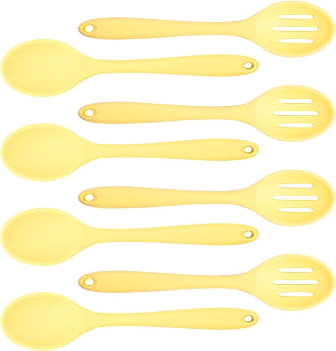 8 Pcs Heat Resistant Non Stick Silicone Serving Spoons Set -Ideal for Cooking, Baking, Mixing, Stirring Includes Slotted & Solid Spoons, Design for Nonstick Cookware (Yellow)