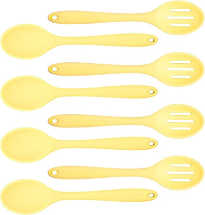 8 Pcs Heat Resistant Non Stick Silicone Serving Spoons Set -Ideal for Cooking, Baking, Mixing, Stirring Includes Slotted & Solid Spoons, Design for Nonstick Cookware (Yellow)