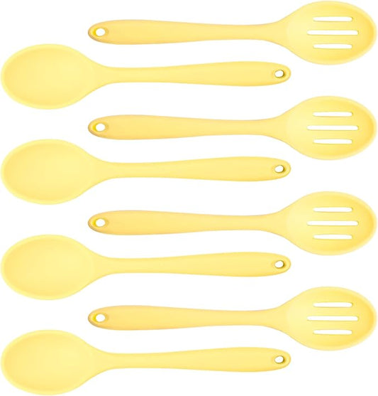 8 Pcs Heat Resistant Non Stick Silicone Serving Spoons Set -Ideal for Cooking, Baking, Mixing, Stirring Includes Slotted & Solid Spoons, Design for Nonstick Cookware (Yellow)