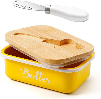 Butter Dish, Butter Dish with Lid for Countertop,Metal Butter Keeper with Stainless Steel Multipurpose Butter Knife, Large Butter Container with quality Silicone Good Kitchen Gift,Yellow