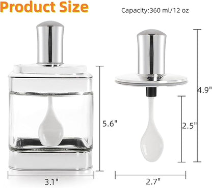 2 Pack Glass Condiment Pot, 12 Ounce Spice Jars with Spoon, Seasoning Box Set Salt Container, Sugar Dispense, Kitchen Containers for Flour and Sugar (Silver)