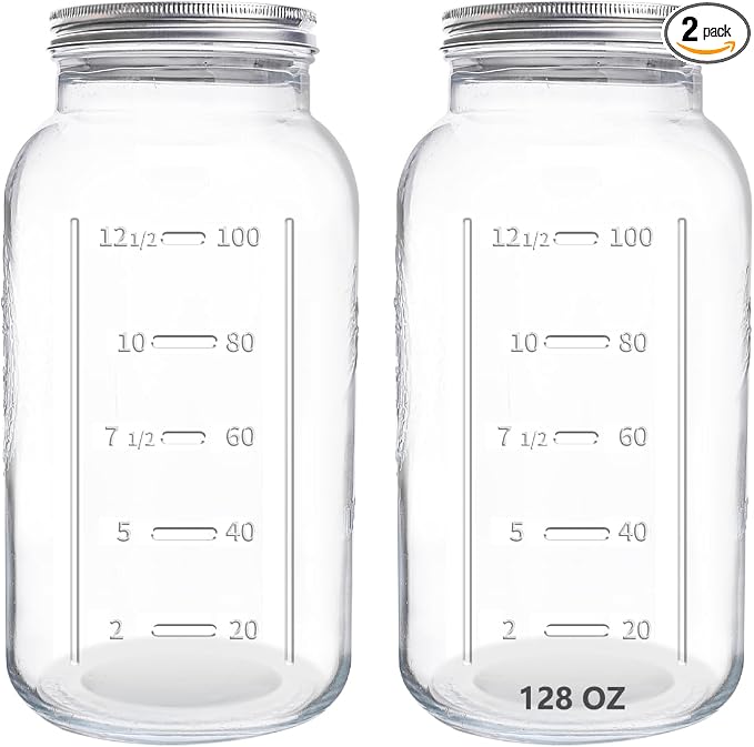 eleganttime 128 oz Mason Jars Extra Wide Mouth 2 Pack, 1 Gallon Glass Large Jars with Airtight Lid, Safe for Food Storage,Curing, Fermentation and Preservation(Not standard wide mouth)