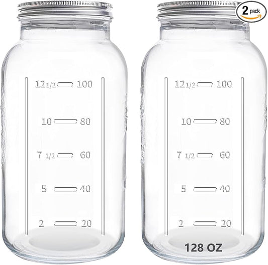eleganttime 128 oz Mason Jars Extra Wide Mouth 2 Pack, 1 Gallon Glass Large Jars with Airtight Lid, Safe for Food Storage,Curing, Fermentation and Preservation(Not standard wide mouth)