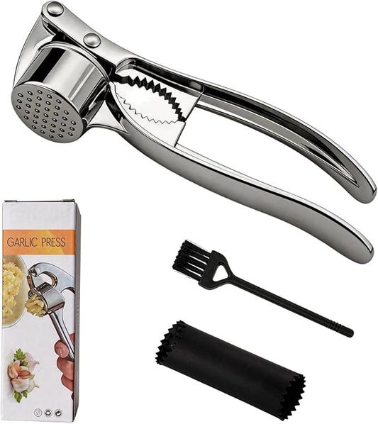 Multi-Purpose Garlic Press Nut Cracker Kitchen Tool, Large Caliber Thickened Zinc Alloy Mincer Squeezer, Precise Holes for Fine Paste, Dishwasher Safe with Peeler & Cleaning Brush (Silver - 3set)