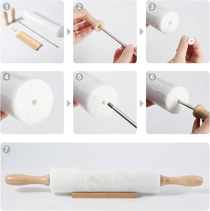 Koville White Marble Rolling Pin With Wooden Handles & Wood Cradle, 18 Inch Polished Marble Rolling Pins For Making Pizza Dough, Dough Roller For Pie Crust, Cookie, Pasta, Ergonomic Handles