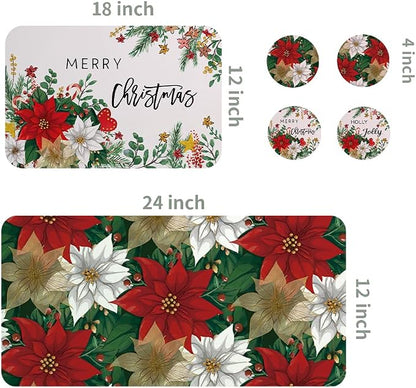Baccessor Poinsettia Christmas Dish Drying Mat with 4PCS Coasters,2PCS Kitchen Bar Mat Coffee Mat Accessories Fits Under Coffee Maker and Pot,Holly Winter Farmhouse Bar Mat Detachable
