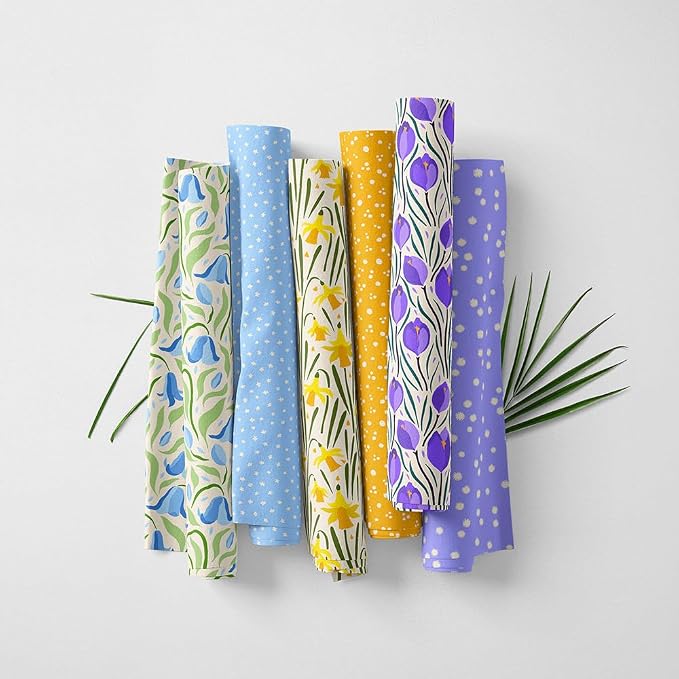 Patchwork Fabric Panel 100x155 cm, 100% Cotton Satin, 6 Coordinated Floral & Tulip Patterns, Yellow Blue Purple Spring Quilting Fabric (Spring Blossoms, 6pcs 50x50cm)