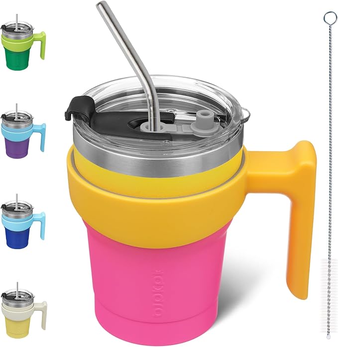 BJPKPK 10 oz Tumbler With Handle And Straw Stainless Steel Travel Mug Insulated Tumbler Cups With Lids,Pink Yellow Rose