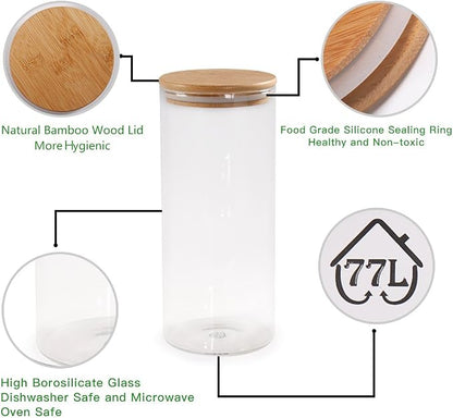 Glass Coffee Bean Container, 52.36 FL OZ (1550 ML), [Thickened Version] 77L Glass Food Storage Jar with Airtight Seal Bamboo Lid - Clear Food Storage Canister for Serving Tea, Coffee, Spice and More
