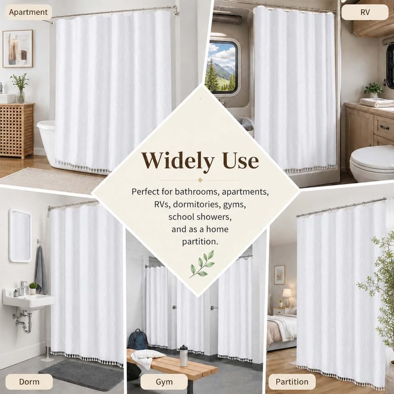 OVZME Extra Long White Shower Curtain 84 Inch Long, Puff Printed Textured Shower Curtain with Tassels, Tall Farmhouse Geometry Bathroom Curtain, Water Resistant Fabric, 72Wx84L Inches