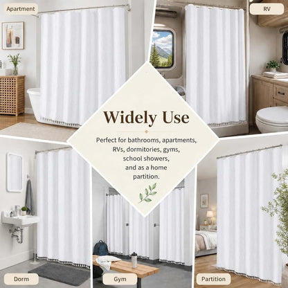 OVZME Extra Long White Shower Curtain 96 Inch Long, Puff Printed Textured Shower Curtain with Tassels, Tall Farmhouse Geometry Bathroom Curtain, Water Resistant Fabric, 72Wx96L Inches