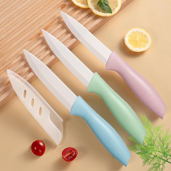 3 PCS Colorful Knivies Set, 4 Inch Ceramic knife 3 PCS Knives with Zirconia Blade and Sheath Covers,use for meat fruit vegetable and bread (green blue and pink)