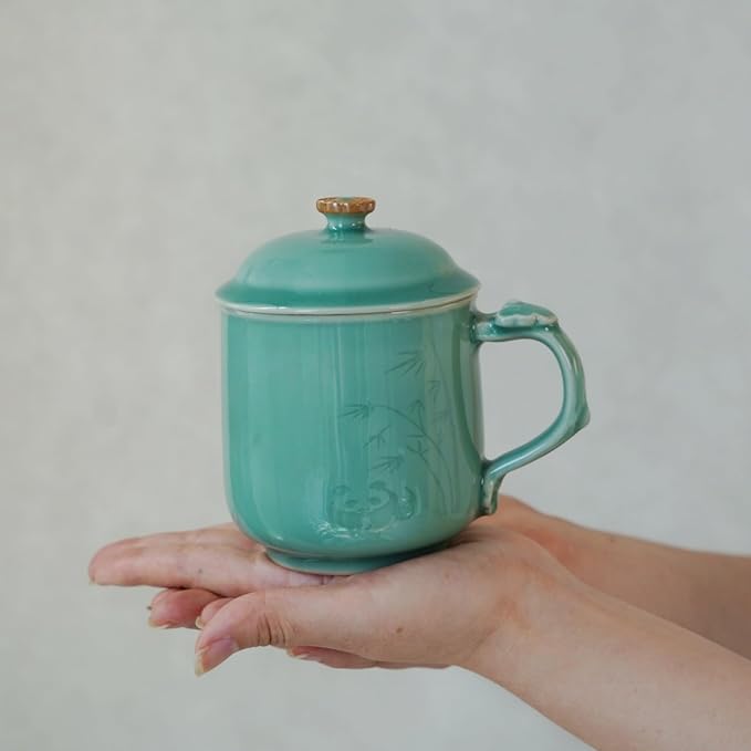 Panda Bamboo Relief Ceramic Tea Mug with Lid, 12oz Handmade Longquan Celadon — Loose Leaf Tea Cup, Cute Unique Gift for Women, Tea Lovers Gift, Gift Box
