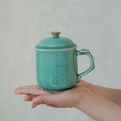 Panda Bamboo Relief Ceramic Tea Mug with Lid, 12oz Handmade Longquan Celadon — Loose Leaf Tea Cup, Cute Unique Gift for Women, Tea Lovers Gift, Gift Box