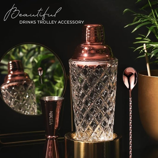 Nikita Cocktail Shaker, 5-Piece Martini Shaker & Bartender Kit with Bar Accessories Strainer, Jigger, Spoon & Muddler, Rose Gold 16oz Drink Mixer with Bartender Accessories