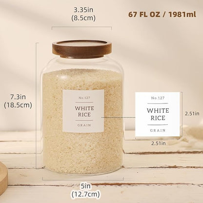 2 Pack Glass Food Storage Containers with Airtight Acacia Lids and 132 Kitchen Pantey Labels Preprint - 67 LF OZ Borosilicate Glass Canister Sets for Food,Coffee,Cookie,Tea,Candy,Sugar