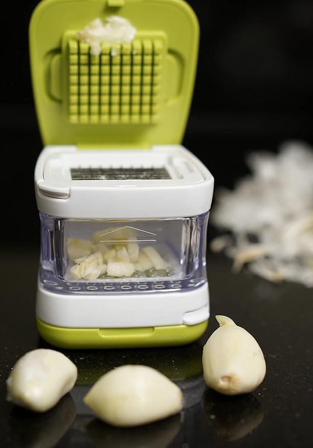 RSVP International Garlic Clove Cube Press Tool, Green/White | BPA-Free Plastic with Stainless Steel Blades | Minces & Slices | Chop, Crush, or Dice Garlic & Herbs | Dishwasher Safe